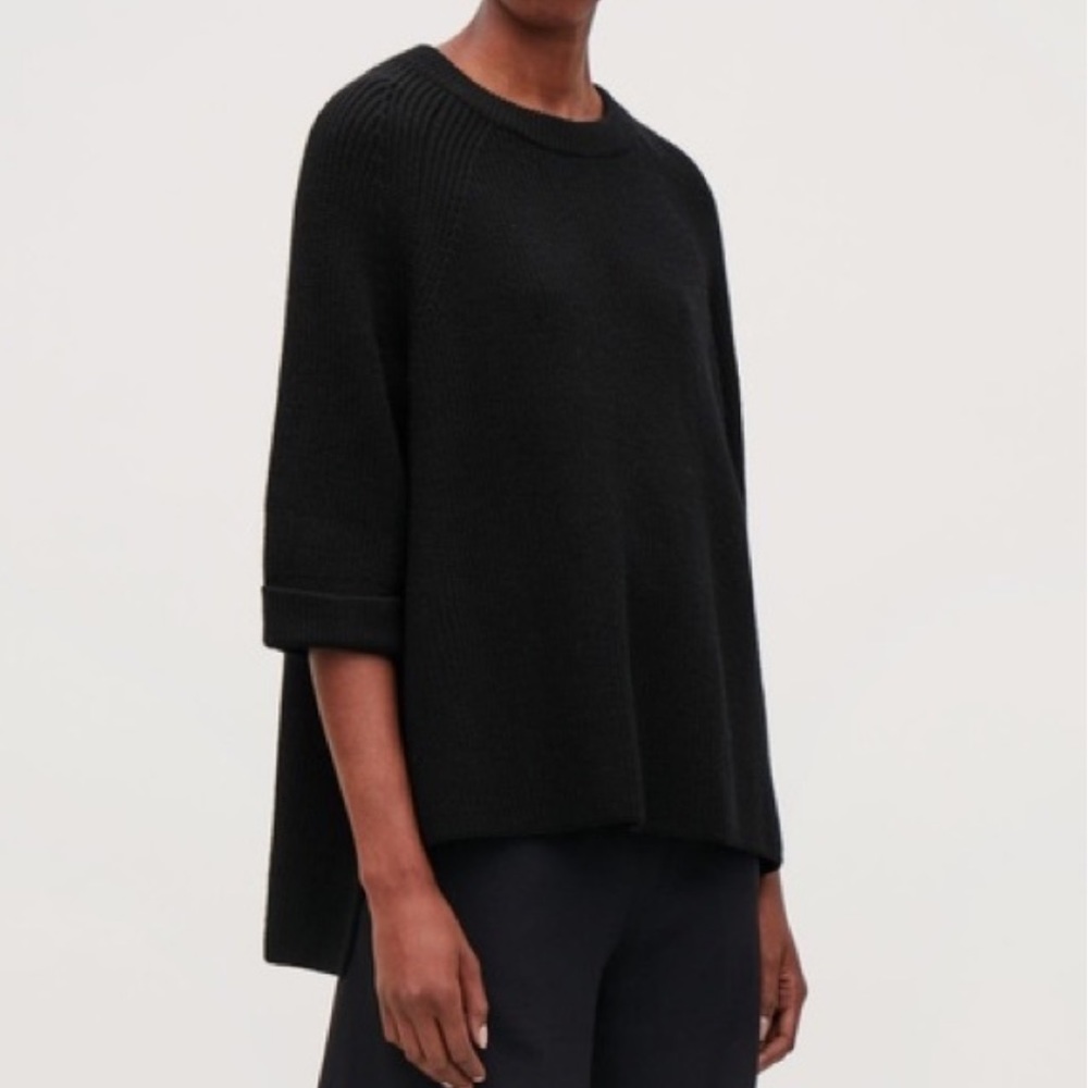 COS L Black Wool Side Slits Knit Crew Neck Sweater